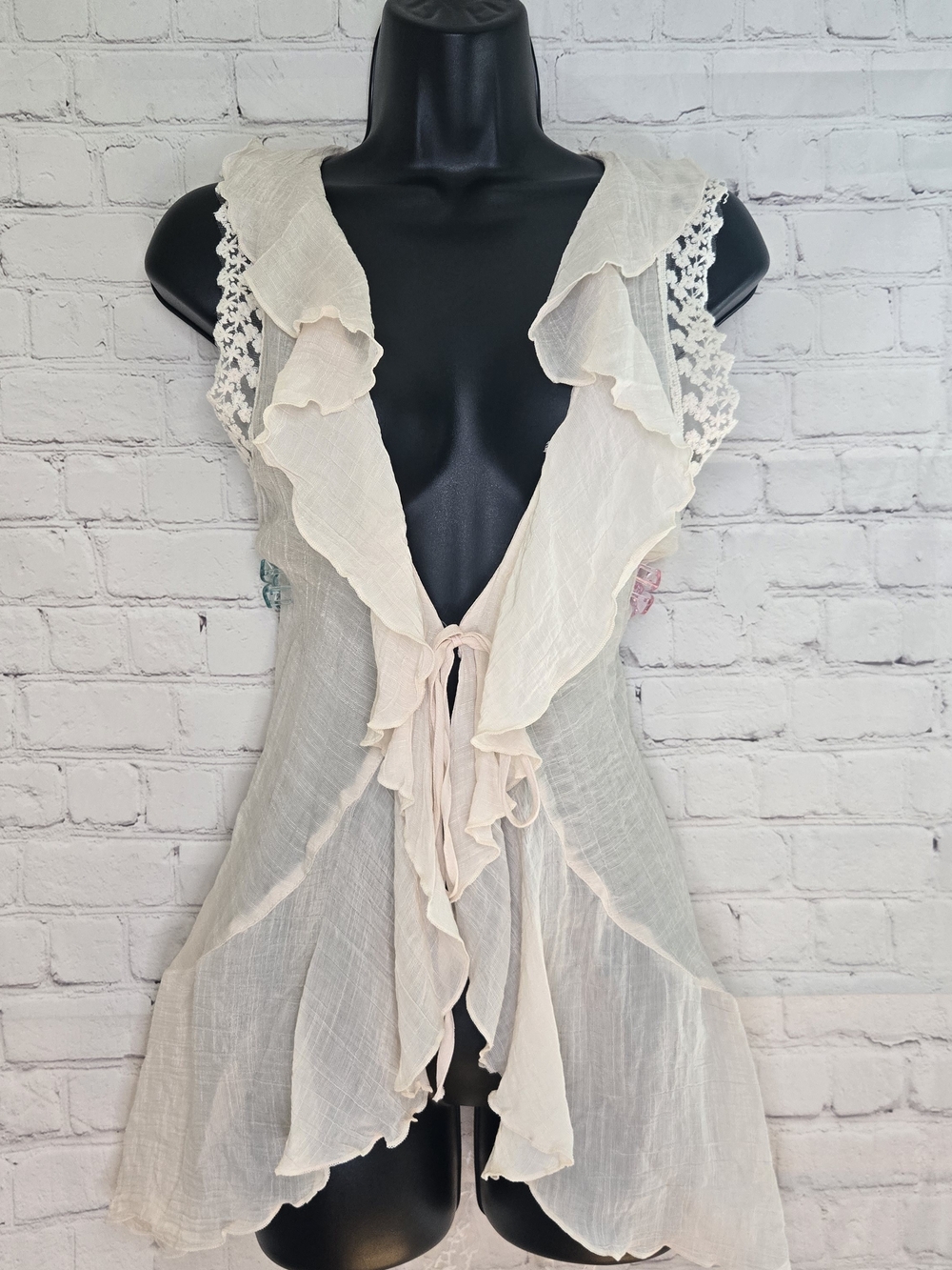 Lace Trim cascading Ruffle open Tie Front sheer boho ethereal fairy cottage Top